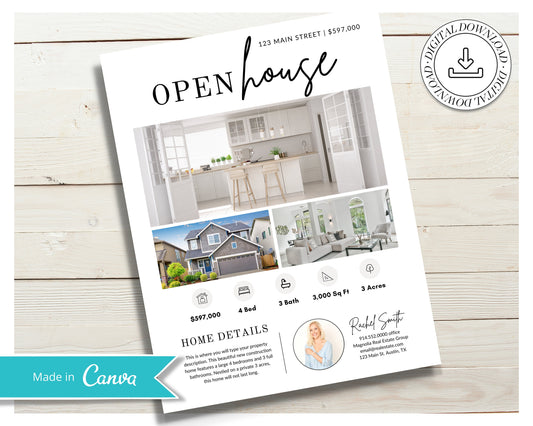 Open House Flyer | Real Estate Open House Flyer Template | Just Listed Flyer | Real Estate Marketing | Editable Canva Template | Postcard