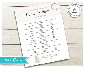 Real Estate Utility Provider List | Vendor List | Real Estate Marketing | Real Estate Canva Editable Template | Home Buyer Kit | Buyer Tools