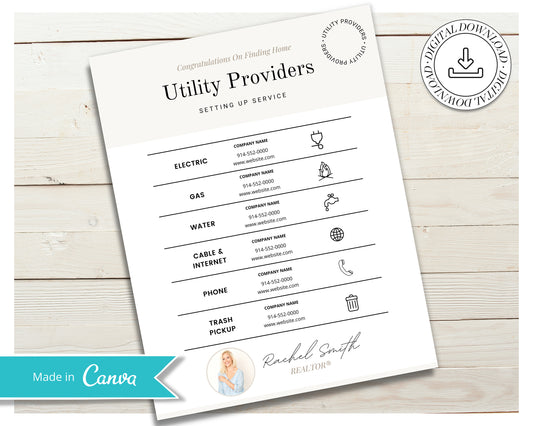 Real Estate Utility Provider List | Vendor List | Real Estate Marketing | Real Estate Canva Editable Template | Home Buyer Kit | Buyer Tools