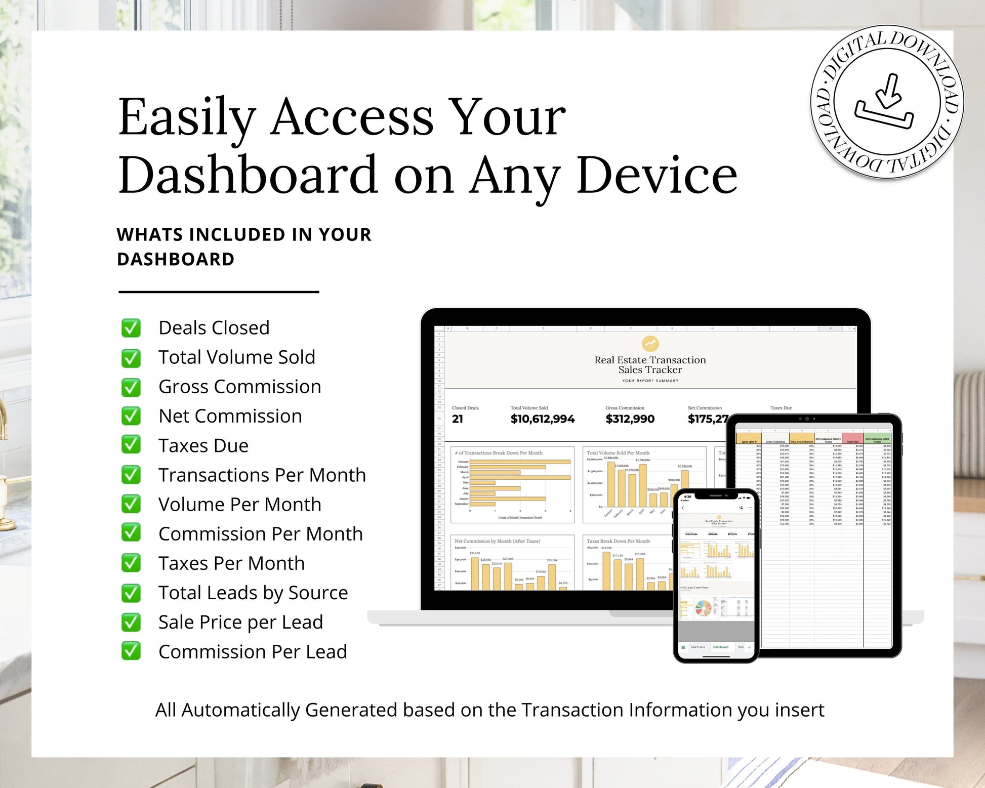 Real Estate Transaction Tracker | Real Estate Sales Tracker | Income Statement | Real Estate Goal Tracker | Income Tracker | Bookkeeping