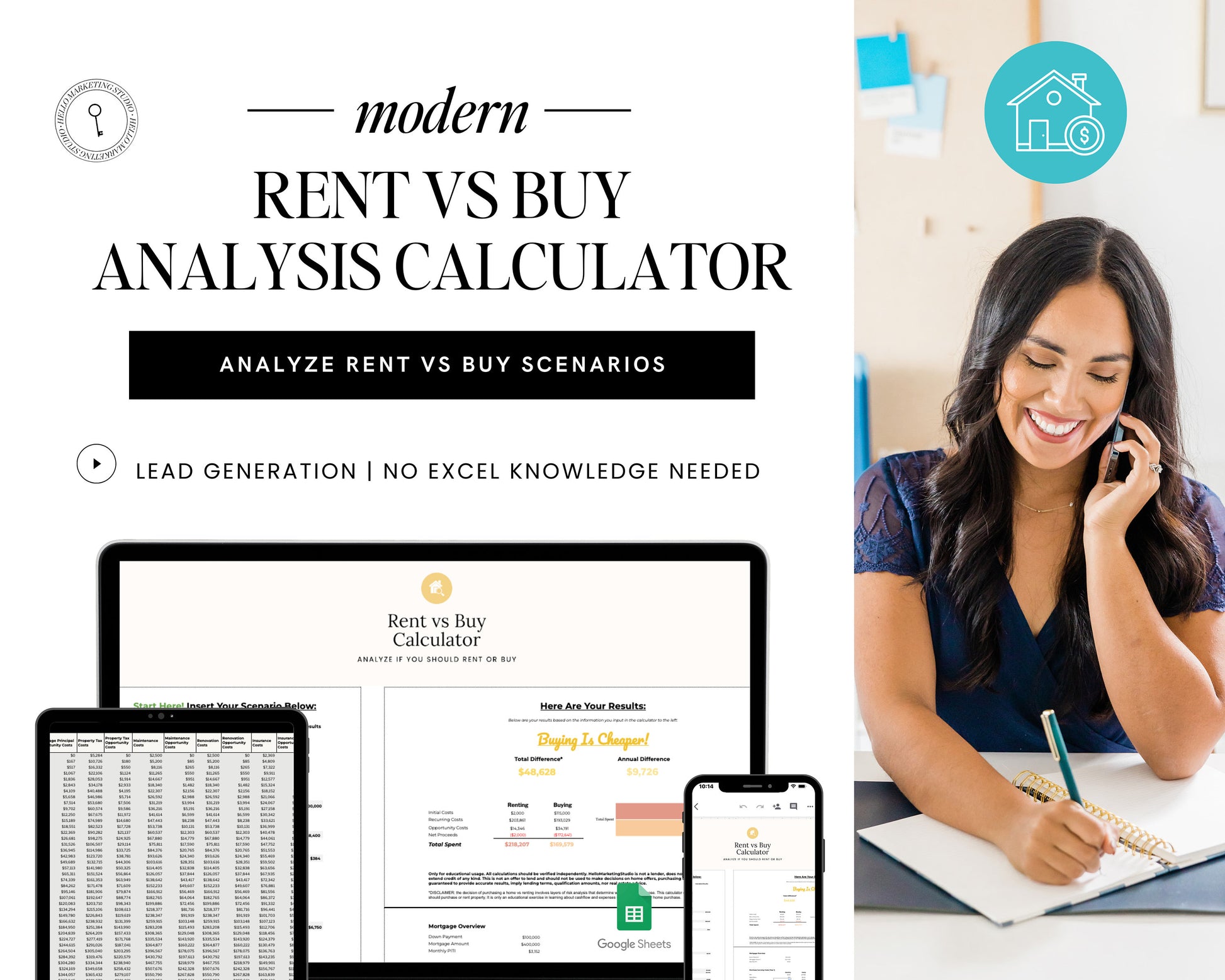 Renting Vs. Buying Calculator | Real Estate Marketing | Rent Vs Own Cost Comparison | Financial Planner | Google Sheets | Rental Marketing