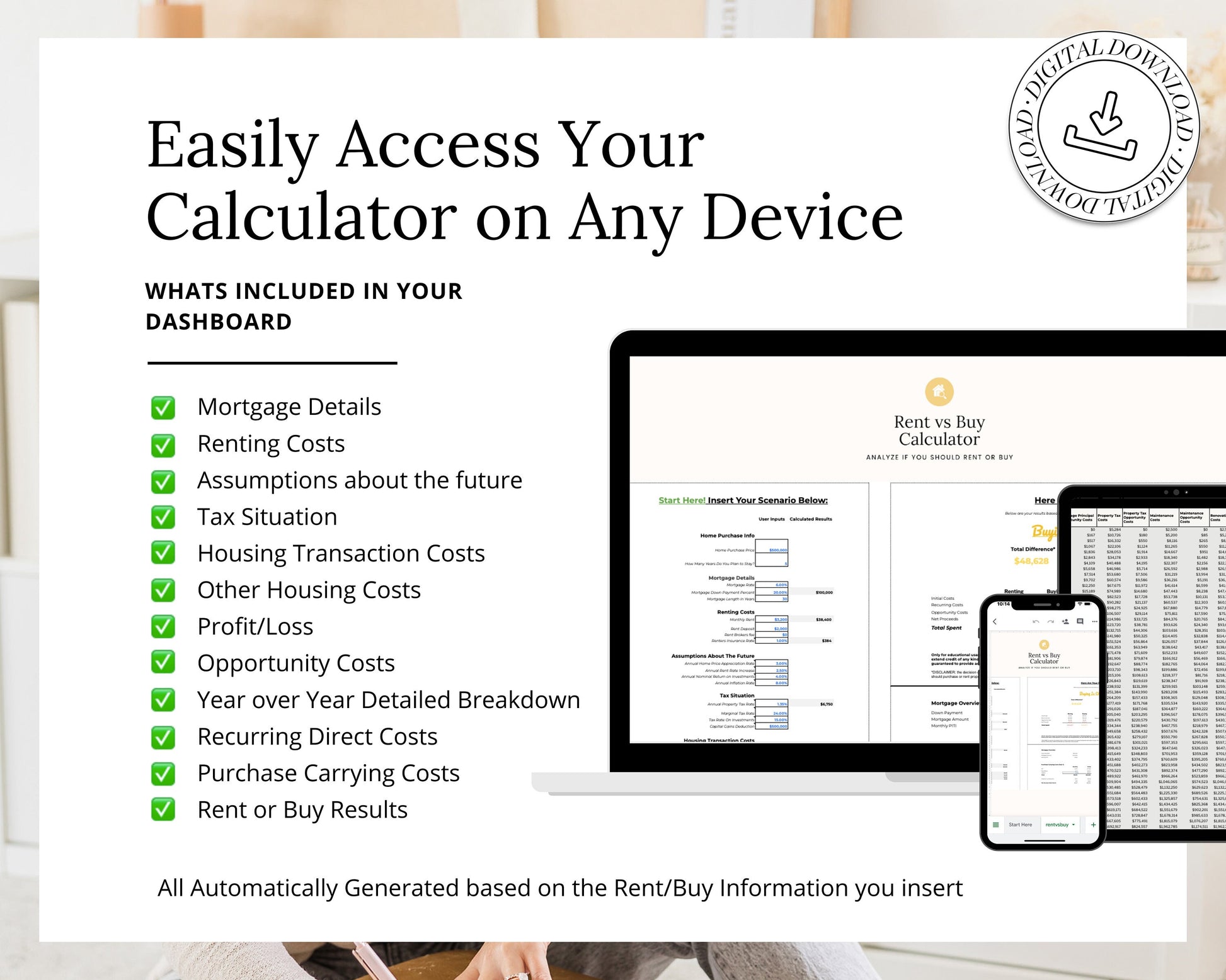 Renting Vs. Buying Calculator | Real Estate Marketing | Rent Vs Own Cost Comparison | Financial Planner | Google Sheets | Rental Marketing