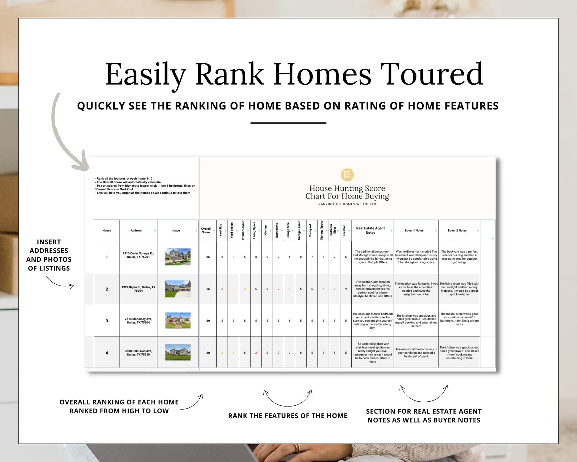 House Hunting Score Chart | House Hunting Schedule | Home Buyer Ranking System | Real Estate Marketing | Google Sheets | Home Buying System