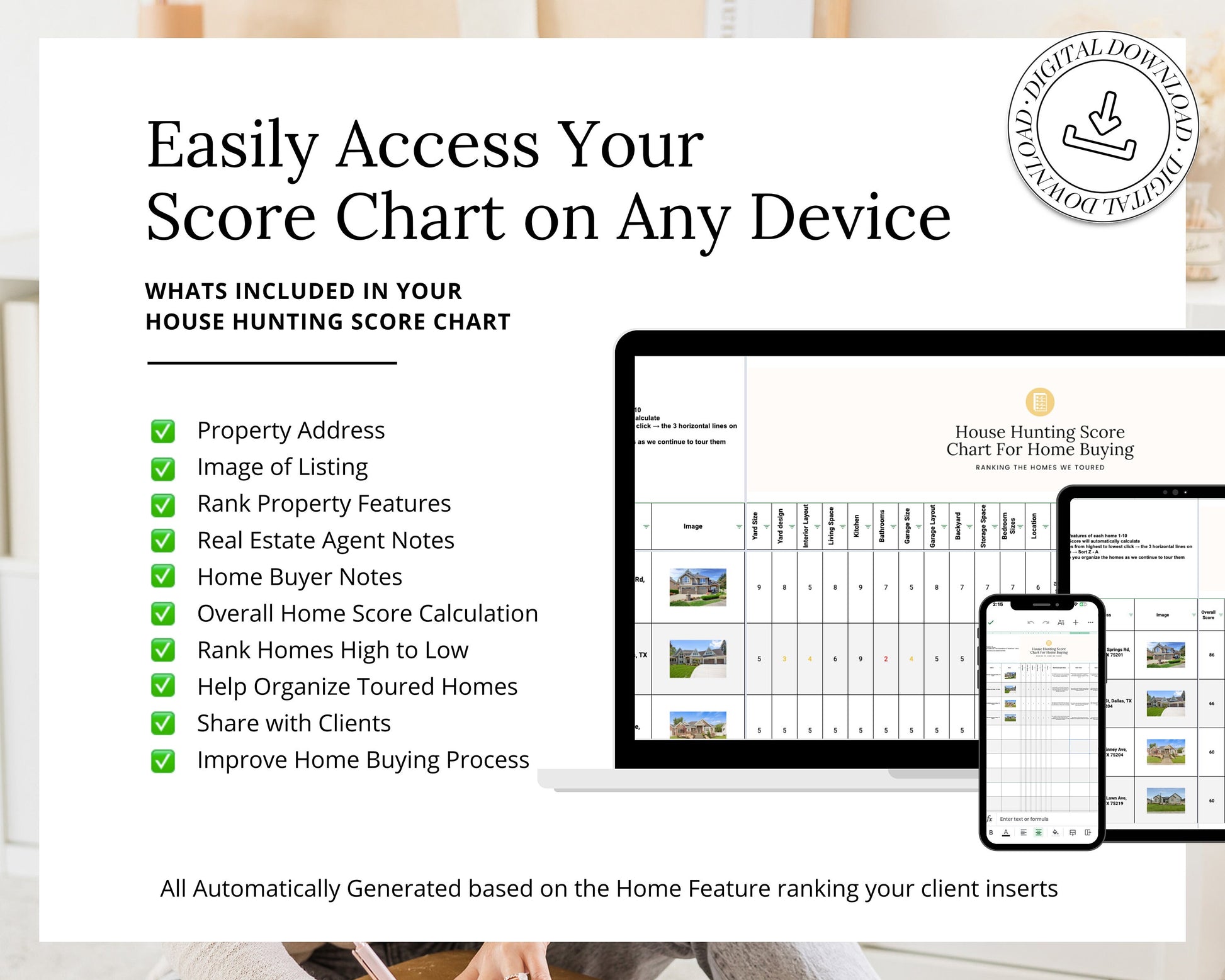 House Hunting Score Chart | House Hunting Schedule | Home Buyer Ranking System | Real Estate Marketing | Google Sheets | Home Buying System