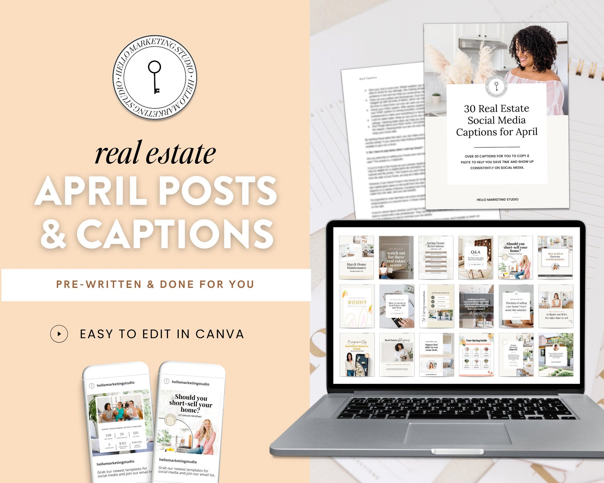 April Real Estate Captions & 30 Matching Real Estate Canva Posts | Real Estate Instagram Posts | Real Estate Marketing | Canva Template